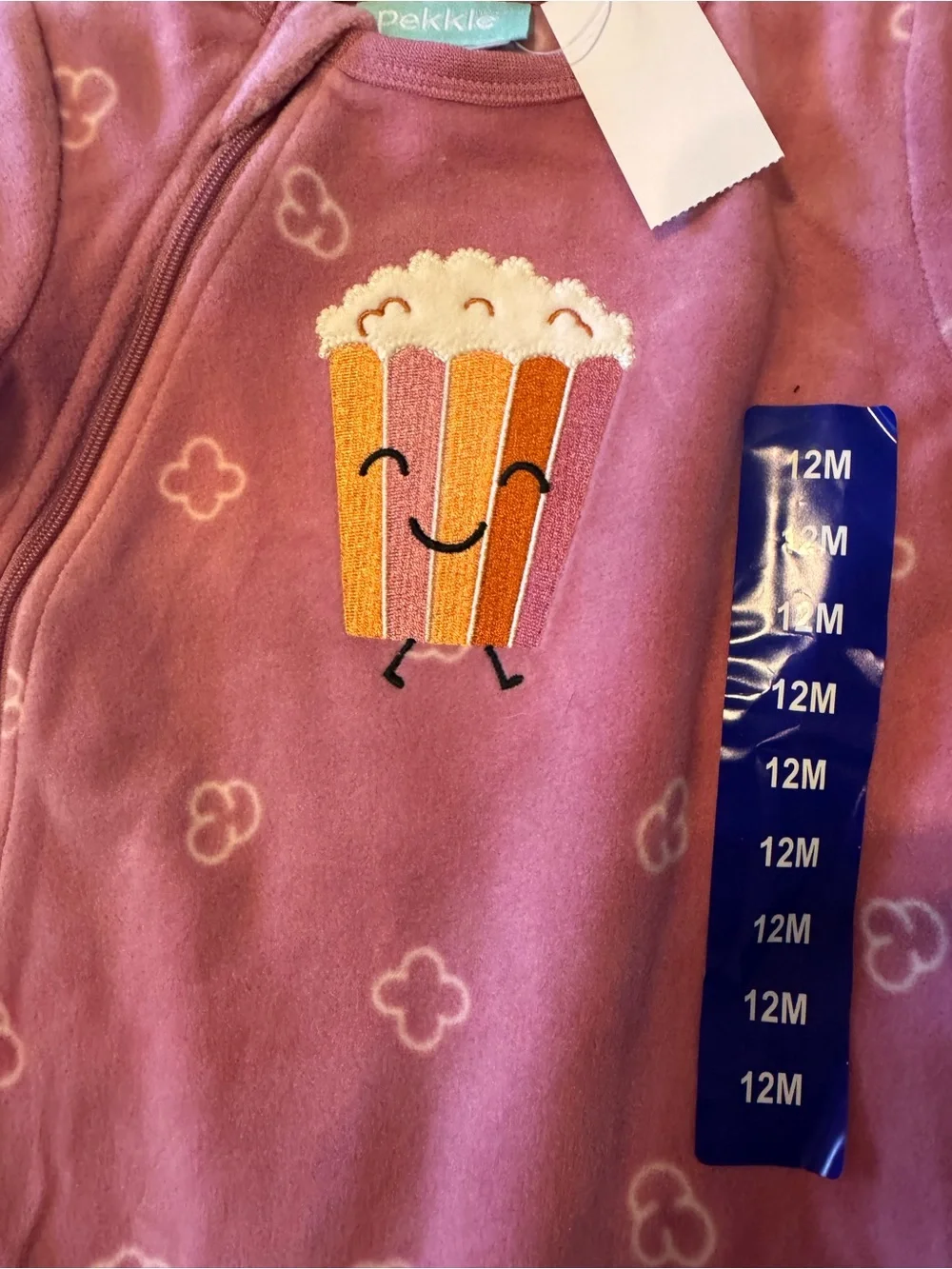 NWT set of (2) pink Pekkle fleece footed sleepers cute popcorn graphic size 12m